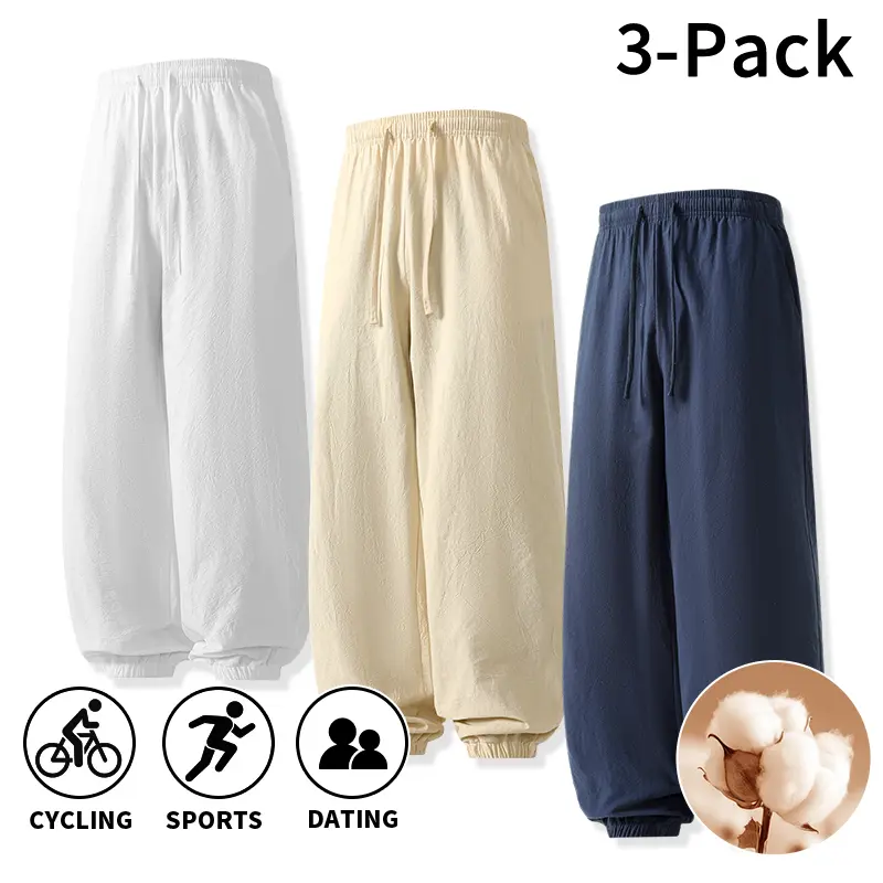 Men's Relaxed-Fit Cotton-Linen Joggers - Lightweight, Rolled Cuffs, All-Season Loose Long Pants, Single-Piece & Multipack Options for Outdoor City Walks