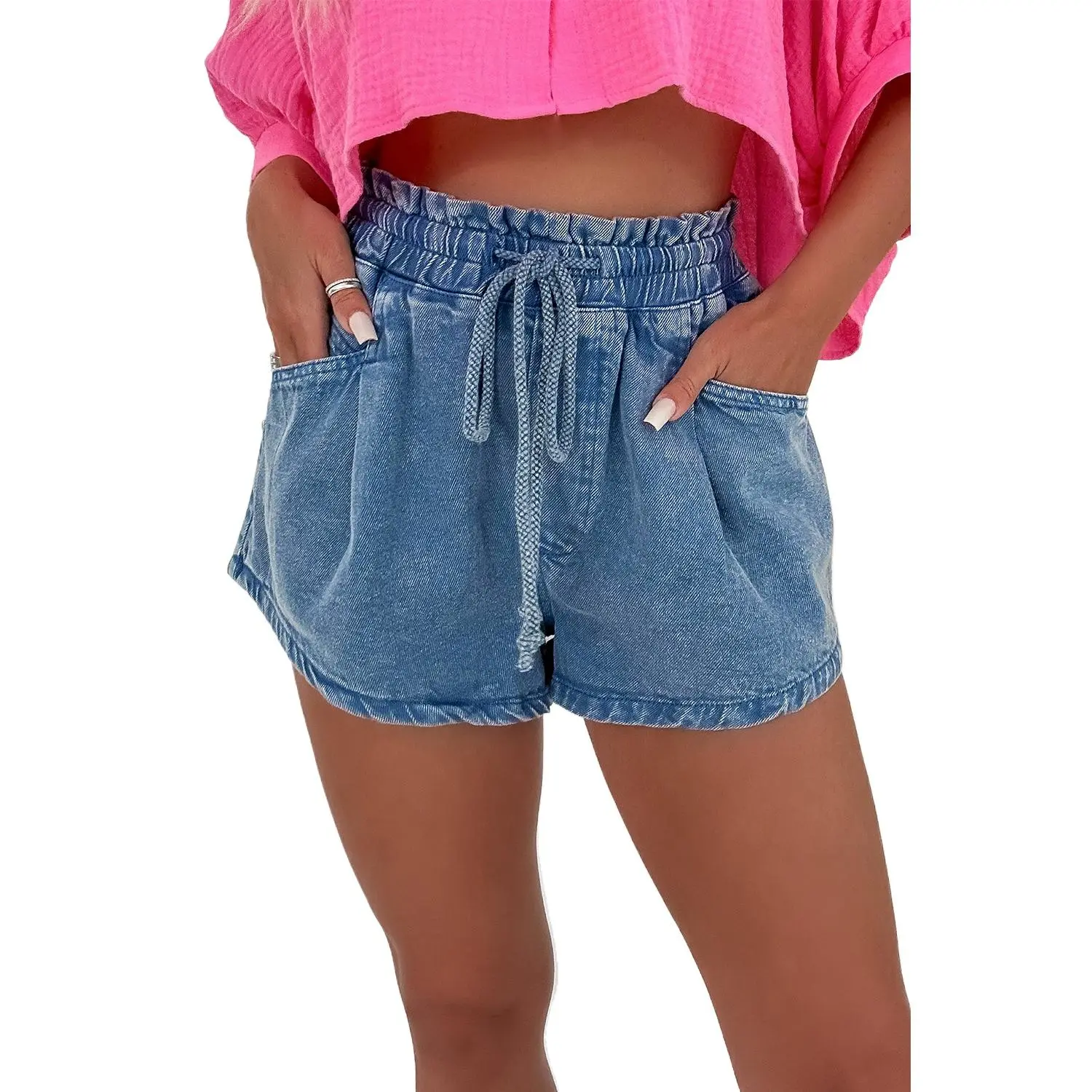 TINYCRIBZ Women's Ashleigh Blue High Waist Casual Denim Shorts with Adjustable Drawstring and Pockets for Summer Wear - Womenswear, Bottom