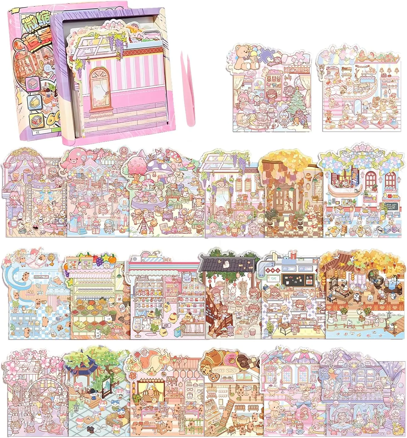 Summer Spring Gift 3D Sticker Scene, 20 Sets DIY 3D House Stickers with Box-Packed, Sticker Therapy Cute Cartoon Scenes for Adults Kids Relief Stress Pass The Time,Make Your Own Mini Room Scenes