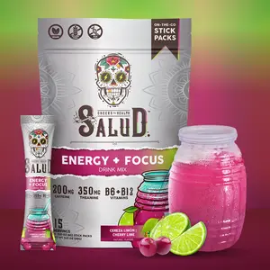 Salud 2-in-1 Energy Drink Powder + Focus, Cherry Lime, Organic Caffeine, B6 + B12, Theanine, Clean Energy Drink Packets, Agua Fresca Mix, Non-GMO, Gluten Free, Vegan, 1g of Sugar, (15 Servings)