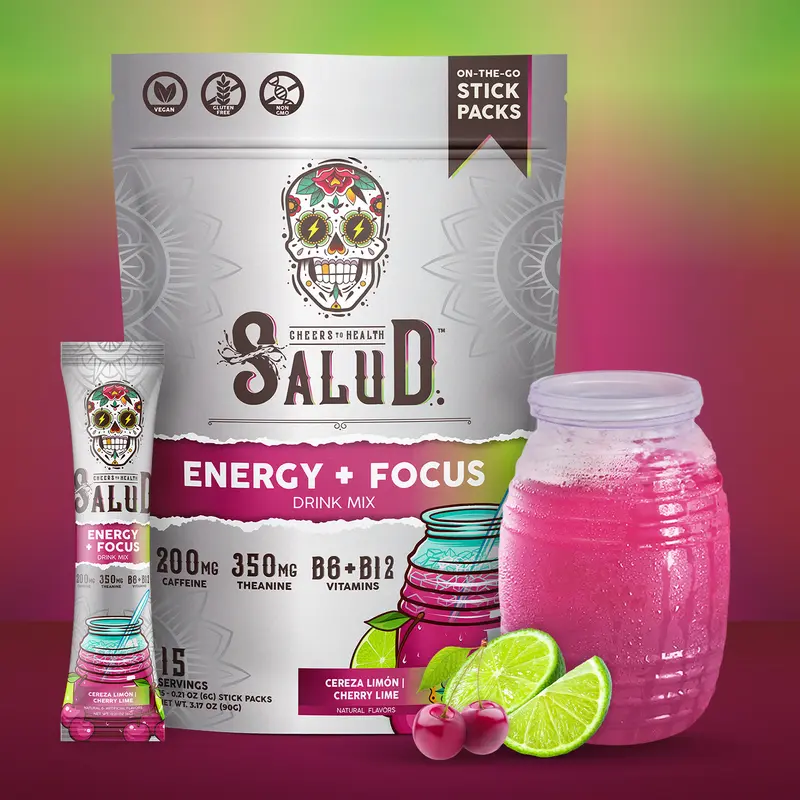Salud 2-in-1 Energy Drink Powder + Focus, Cherry Lime, Organic Caffeine, B6 + B12, Theanine, Clean Energy Drink Packets, Agua Fresca Mix, Non-GMO, Gluten Free, Vegan, 1g of Sugar, (15 Servings)