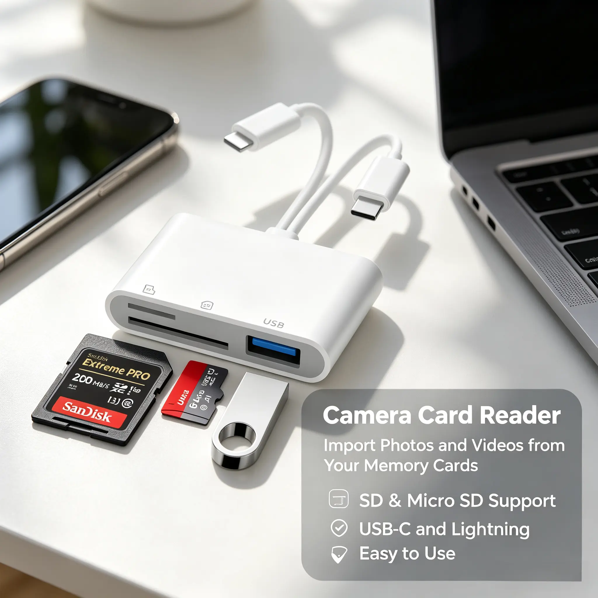 Lightning & Type-C Dual Port Memory Card Reader Adapter, No App Needed, Plug-and-Play Photo & Video Transfer Viewer, Works with iOS Tablets, USB-C Smart Devices, Supports SD & Micro SD Cards