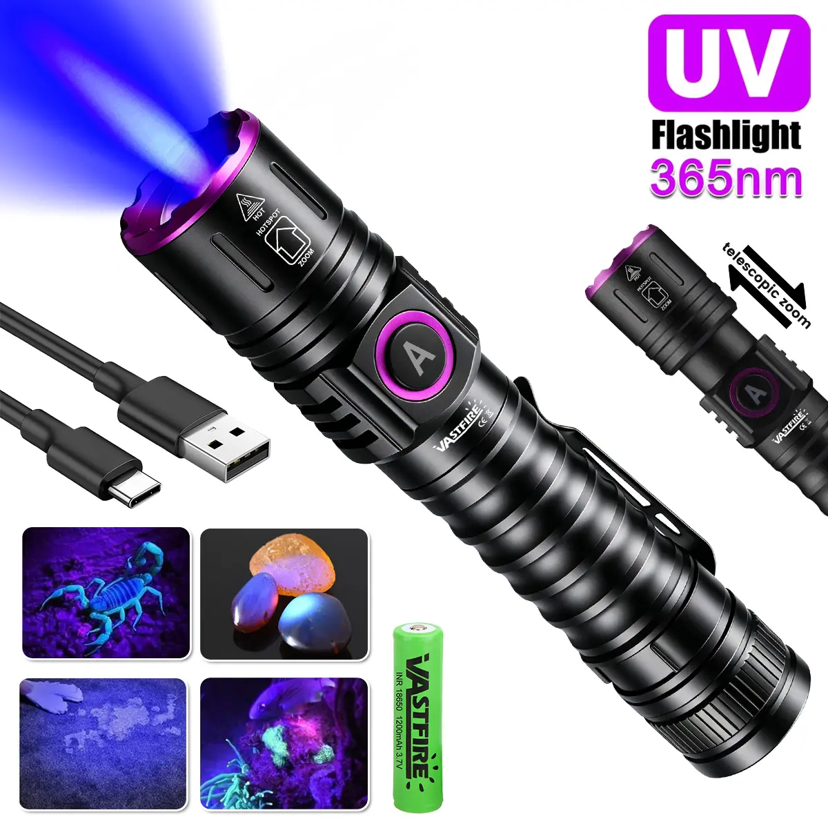 VASTFIRE 1pc 365nm UV Black Light Portable Flashlight - 15W High-Intensity 3-LED UV Lamp, 18650 Rechargeable USB-Charging Compact Aluminium Fixed-Focus Tech Gadgets for Counterfeit Testing, Pet Urine Detection, Oil Inspection
