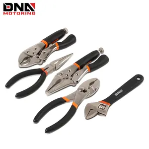 5 Piece Tool Kit, Includes Multi-Use Forged Hardened Steel Lock Jaw Wrench, Slip Joint Plier, Needle Nose Plier, Long Nose Plier, and Adjustable Wrench, 1 Set, Orange/Black
