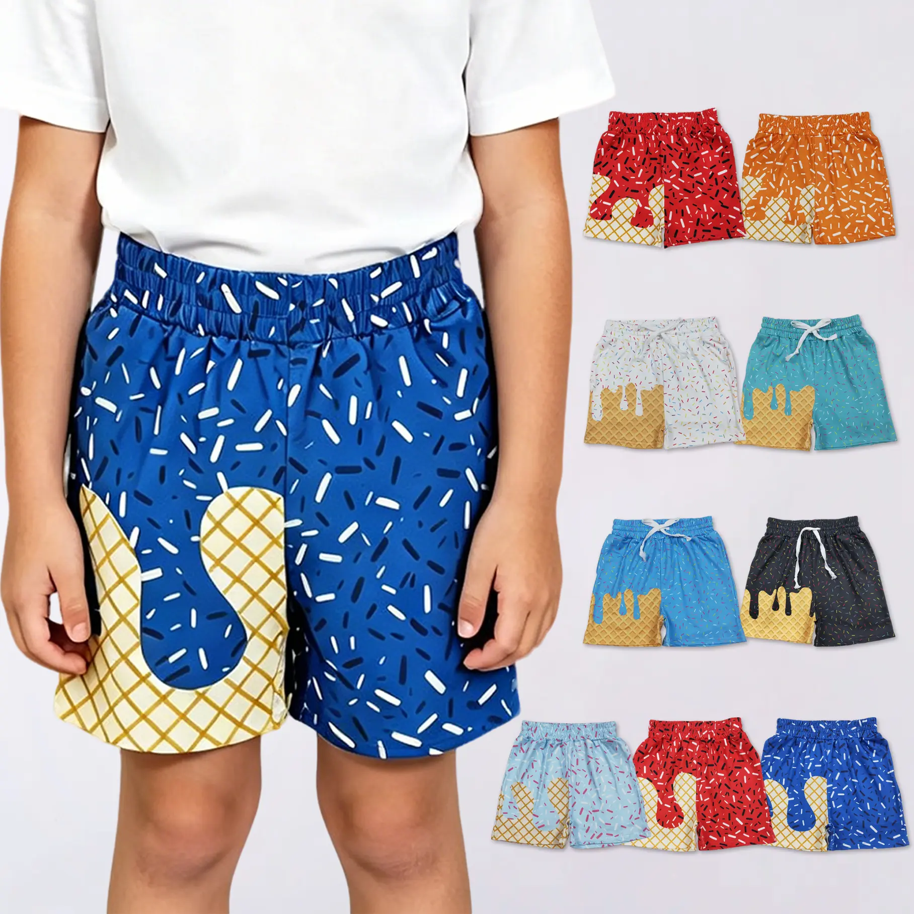 Toddler Boys' Baseball Ice Cream Print Shorts, Fun Food Themed Soft Playwear with an Elastic Waist, Blue Background
