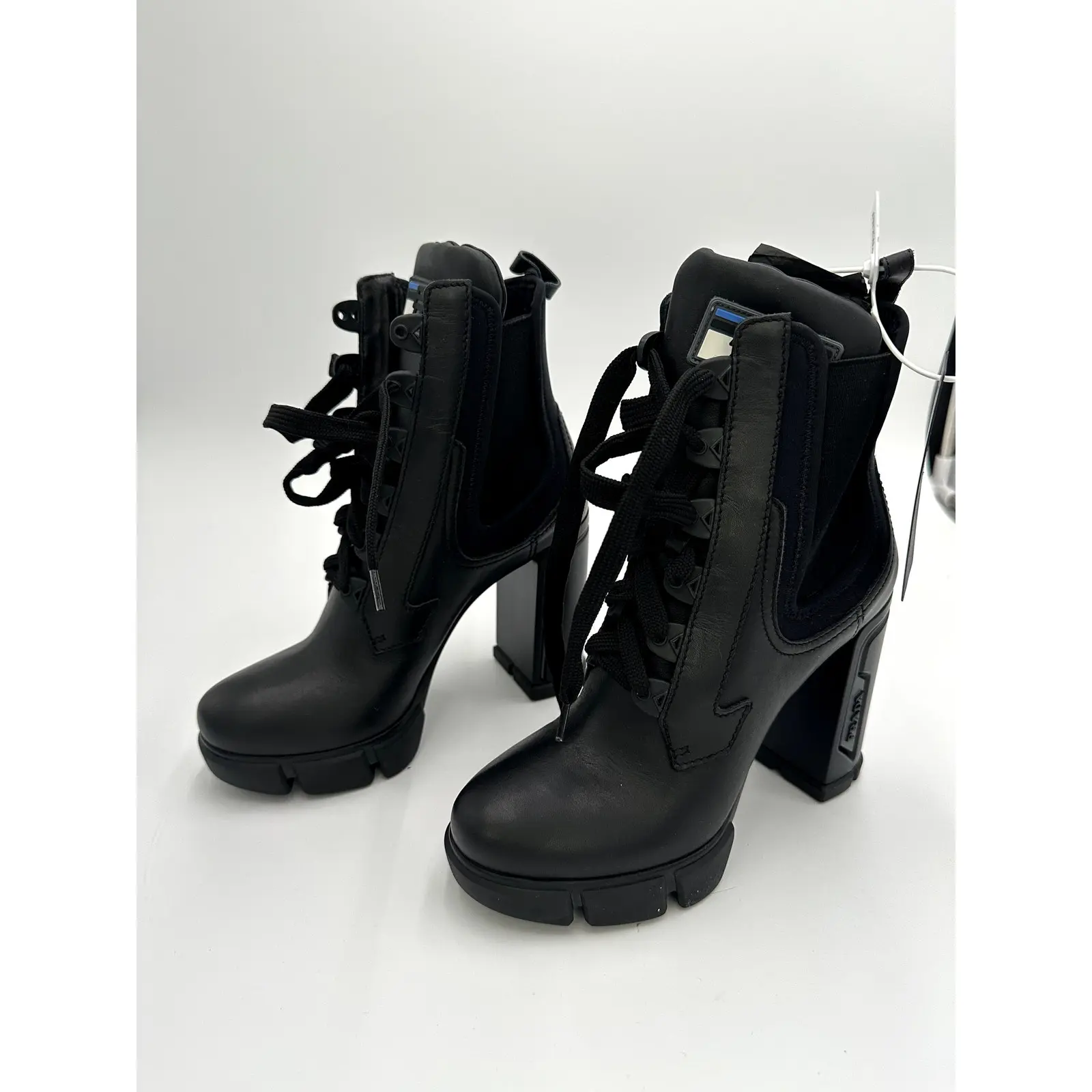 Prada Black Neoprene and Leather Lace-Up Chunky Heel Ankle Boots #16 Size 37/7, Footwear, Platform