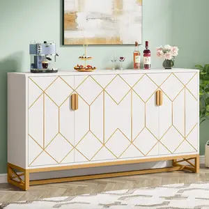 LITTLE TREE Sideboard Storage Cabinet 59 Inch White Gold Buffet Cabinet with Doors