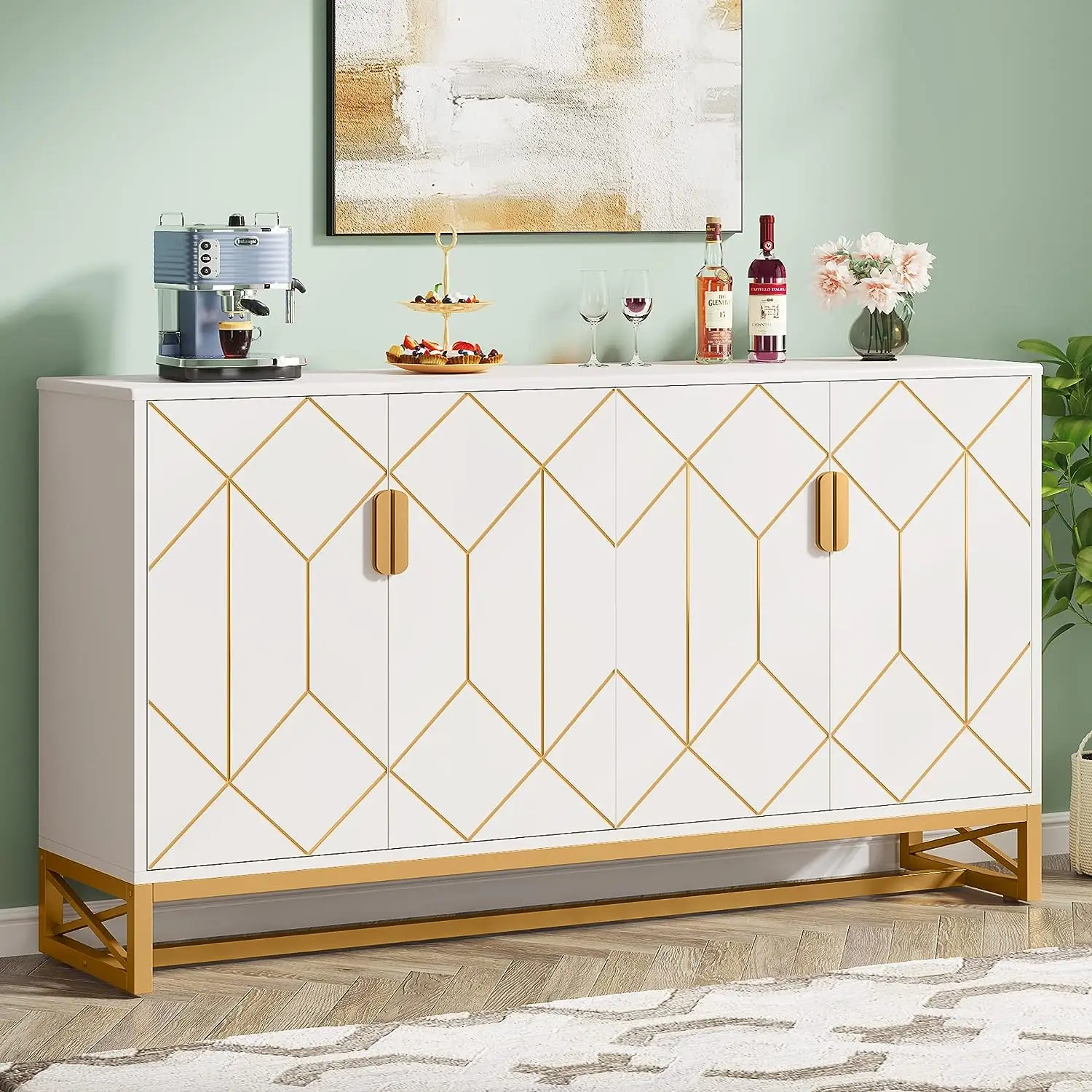 Tribesigns Sideboard Storage Cabinet 59 Inch White Gold Buffet Cabinet with Doors