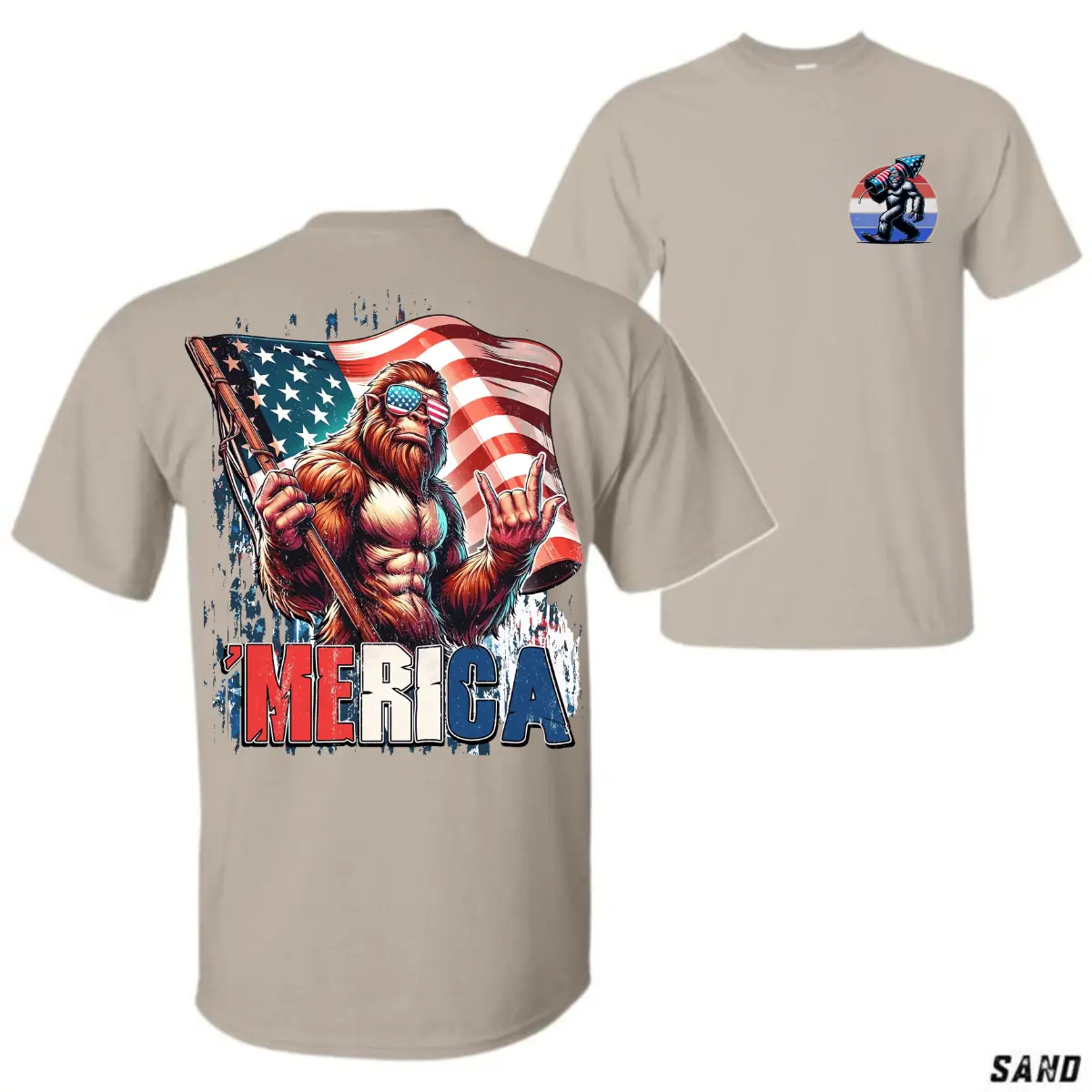 Men's Short-Sleeve Cotton Fitted Round Neck Casual 'Merica Sasquatch T-Shirt, Armed Sasquatch & USA Flag Graphic, Patriotic Tee for 4th of July Cookouts - KitchenEra