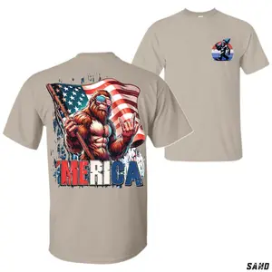 ‘Merica Bigfoot T-Shirt, Armed Sasquatch & USA Flag Graphic, Patriotic Tee for 4th of July Cookouts - KitchenEra
