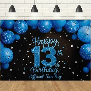 1pc, 2d, Happy 13th Birthday Official Teen Boy Backdrop, Blue Black Balloon Star Design, 13th Birthday Banner for Boys, Perfect for Teen Birthday Party, Photo Booth Decor