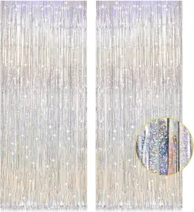 2 Pack 3.2ft x 8.2ft Silver Metallic Tinsel Foil Fringe Curtains, Door Streamer Photo Booth Backdrop for Birthday Graduation Engagement Bridal Shower Bachelorette Baby Shower Party Decorations