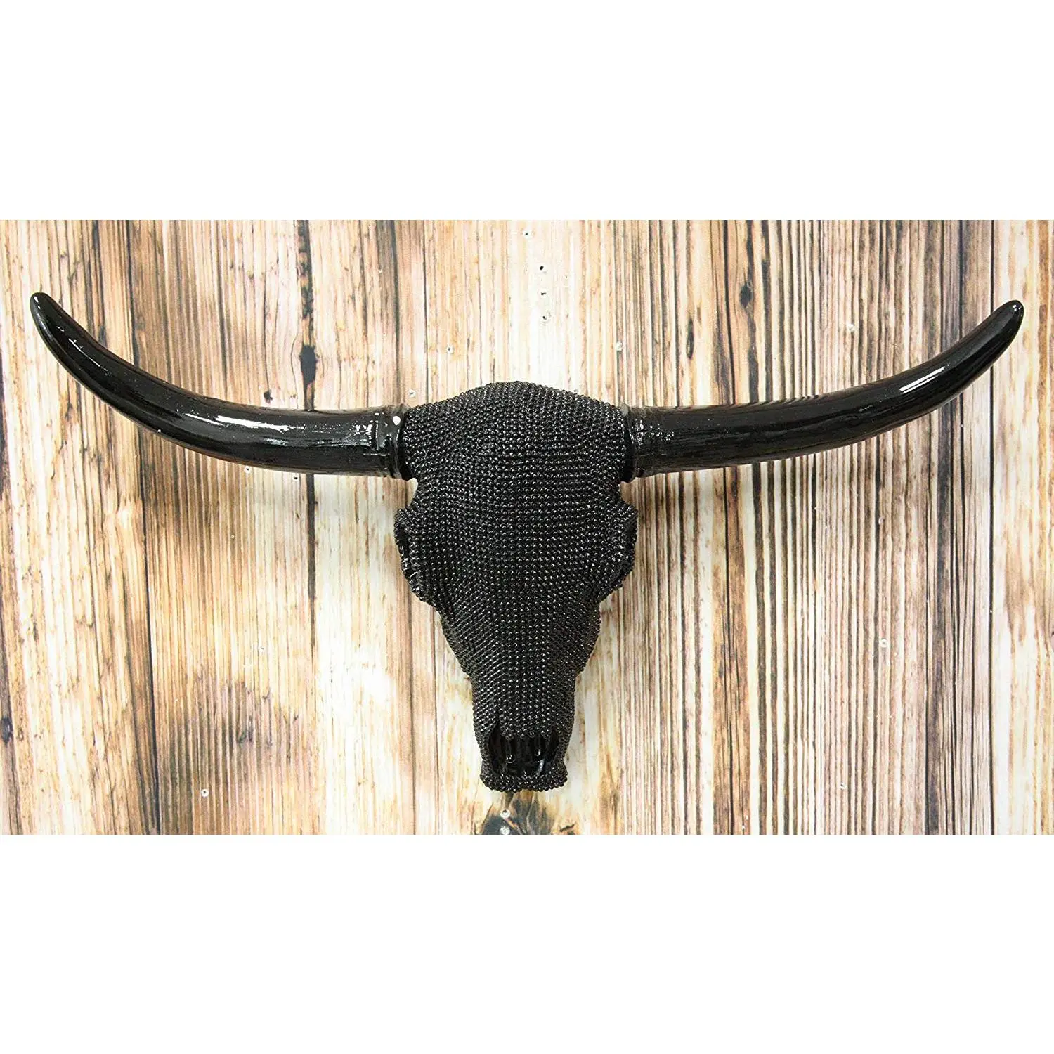 Ebros Large 18.25in W Bejeweled Black Bead Longhorn Skull Home Wall Ornament, Home Decor Sculpture Statue