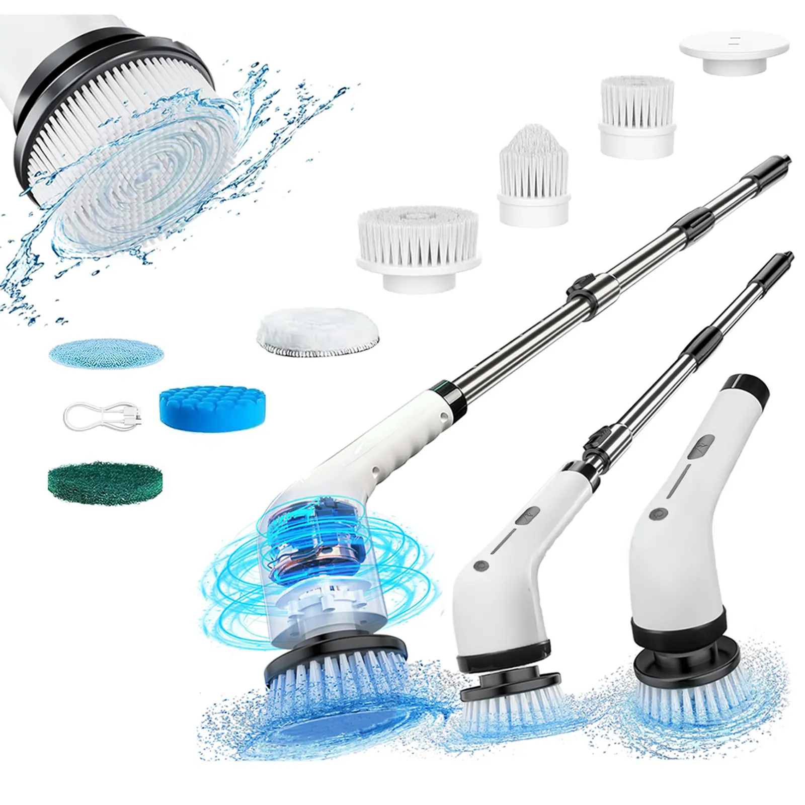 Cordless Handheld Electric Spin Scrubber - Shower Power Scrubber, Floor Cleaning Tool, 4 Replaceable Scrubbing Brush Heads, IPX7 Waterproof, 3 Extensions, 2-Speed 280 RPM, Back/Knee Friendly, USB-C Plug Fast Charge Cable, Home Bathroom Cleaning Gadget