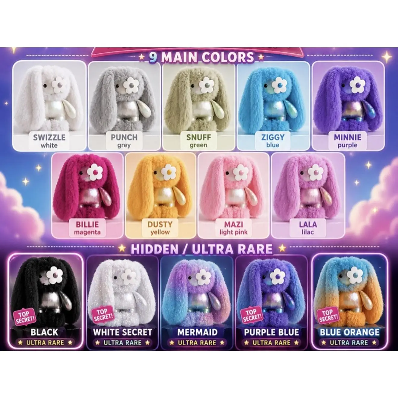 Juju World Hong Kong Exclusive 9 Main Colors & Hidden Ultra Rare Collectible Figures Swizzle Punch Snuff Ziggy Minnie Billie Dusty Mazi Lala Black White Secret