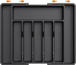 Silverware Drawer Organizer, Expandable Utensil Tray for Kitchen, BPA Free Flatware and Cutlery Holder, Adjustable Plastic Storage for Spoons Forks Knives, Large, Black