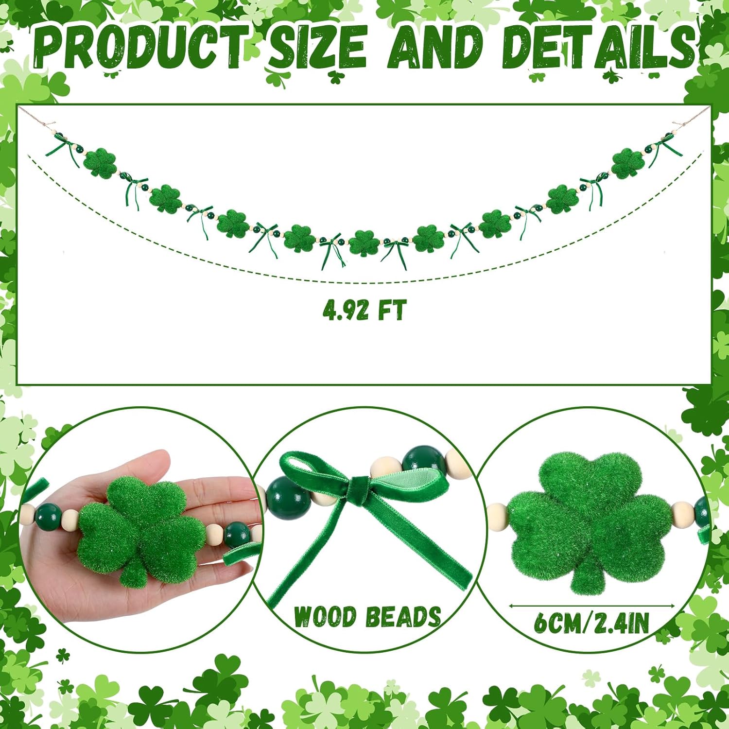 St. Patrick's Day Shamrock Garland Decorations 4.92 ft Velvet Shamrock Hanging Banners with Wood Bead & Bow, Luck Of The Irish Clover Garland Green Decor St.Paddys Party Holiday Fireplace Mantel Indoor Wall Home Decor