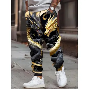 Men's 3D Dragon Print Joggers with Drawstring & Pockets - Casual, Stretchy Polyester Sweatpants, Chinese Dragon Print, Fashion Design