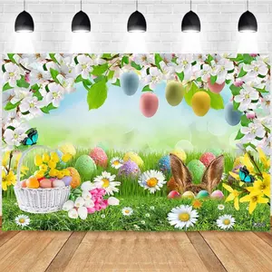Photography Background Spring Easter Wreath Easter Bunny Flowers Eggs Birthday Party Decor Backdrop Photo Studio