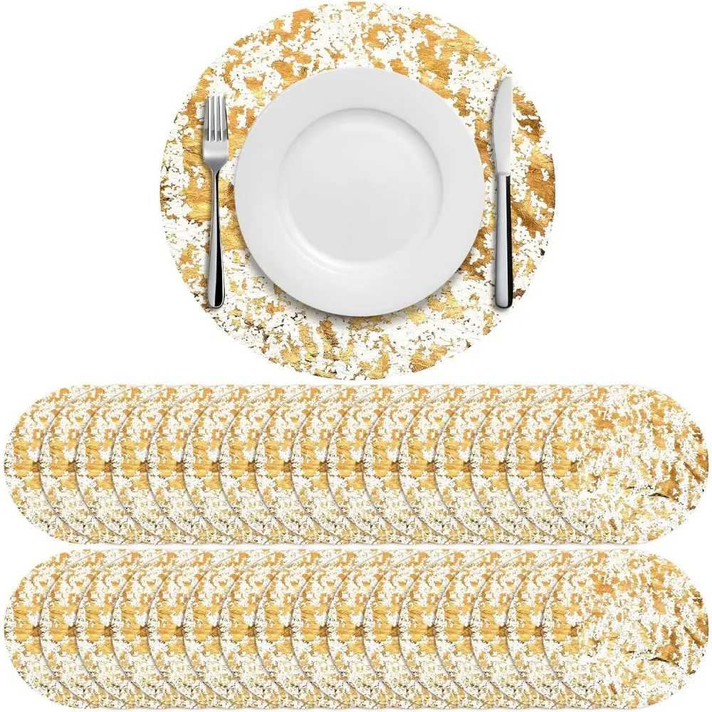 100 Pcs Disposable Gold Placemats Large Bundle - 13 in Round Glam Metallic Gold Foil Polyester Mesh Pressed Table Doilies, Thin Mesh Table Runner for Happy Birthday, Home Decoration, Birthday Ideas