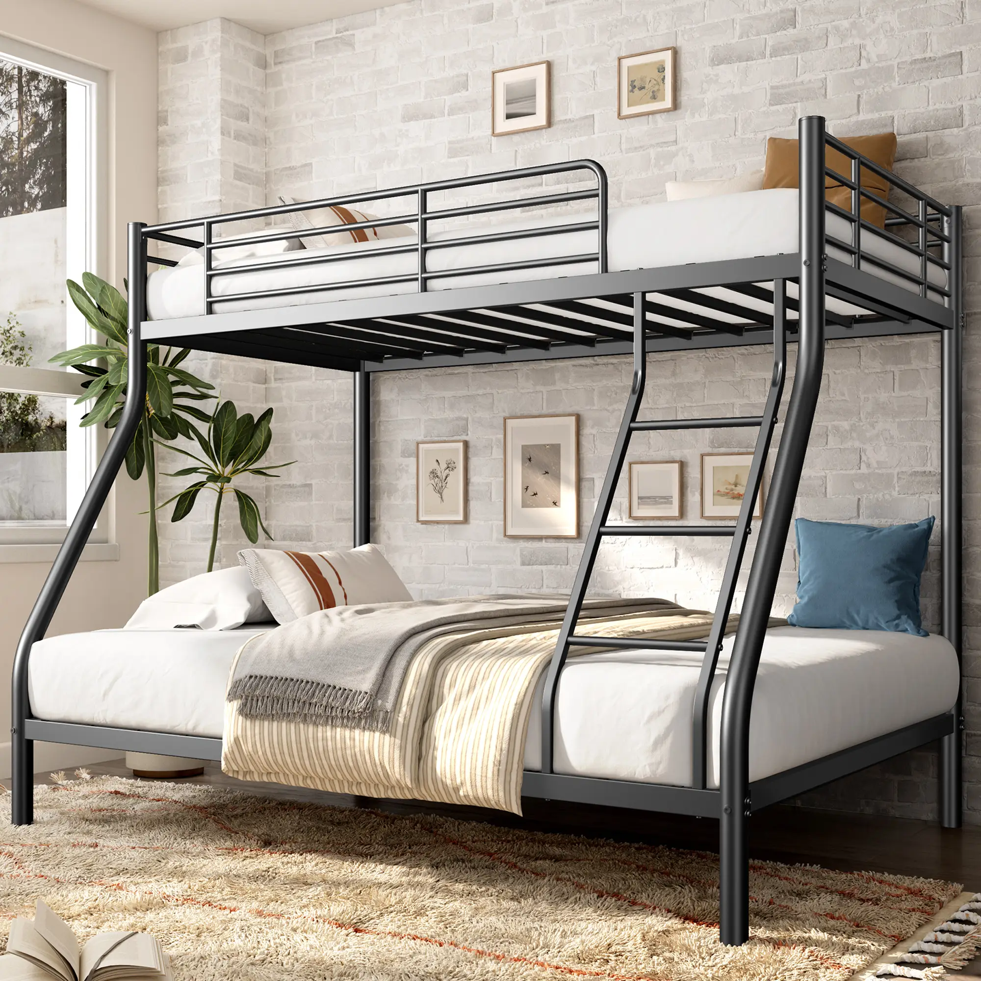 Heavy Duty Twin-Over-Full Bunk Bed • Enhanced Guardrail • Easy Assembly • Space-Saving Metal Frame • Black Dorm Bunkbed Bedroom Furniture
