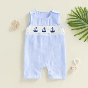 Infant Baby Boy Striped Overall Romper Sailboat Embroidered Smocked Sleeveless Bodysuit Summer Clothes 0-18 Months
