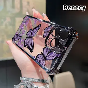 Four Corner Anti-Fall Lilac Butterfly Reverie Pattern Phone Case for iPhone 16 Pro Max 15 Plus 14 13 12 11 E Shockproof Transparent Electroplated Protective Cover