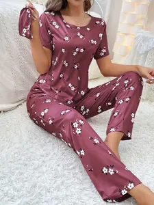 Women's Summer Pajama Set + Eye Mask 3-Piece, Printed Short Sleeve + Long Pants, Breathable Comfortable Home Wear, Sweet Fashion Eye Mask, Loungewear
