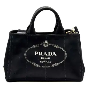 Pre-owned PRADA Canvas Tote Bags CALUX Logo Canapa Tote Bag Black