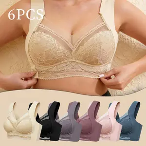 6 Pcs Women's Contrast Floral LaceWirelessBra, Contrast Mesh Push Up Bra, SoftComfortable Breathable Lingerie for All Seasons, Women's Clothing,Womenswear,Elegant Breathable Bra, Wireless Padded Bra