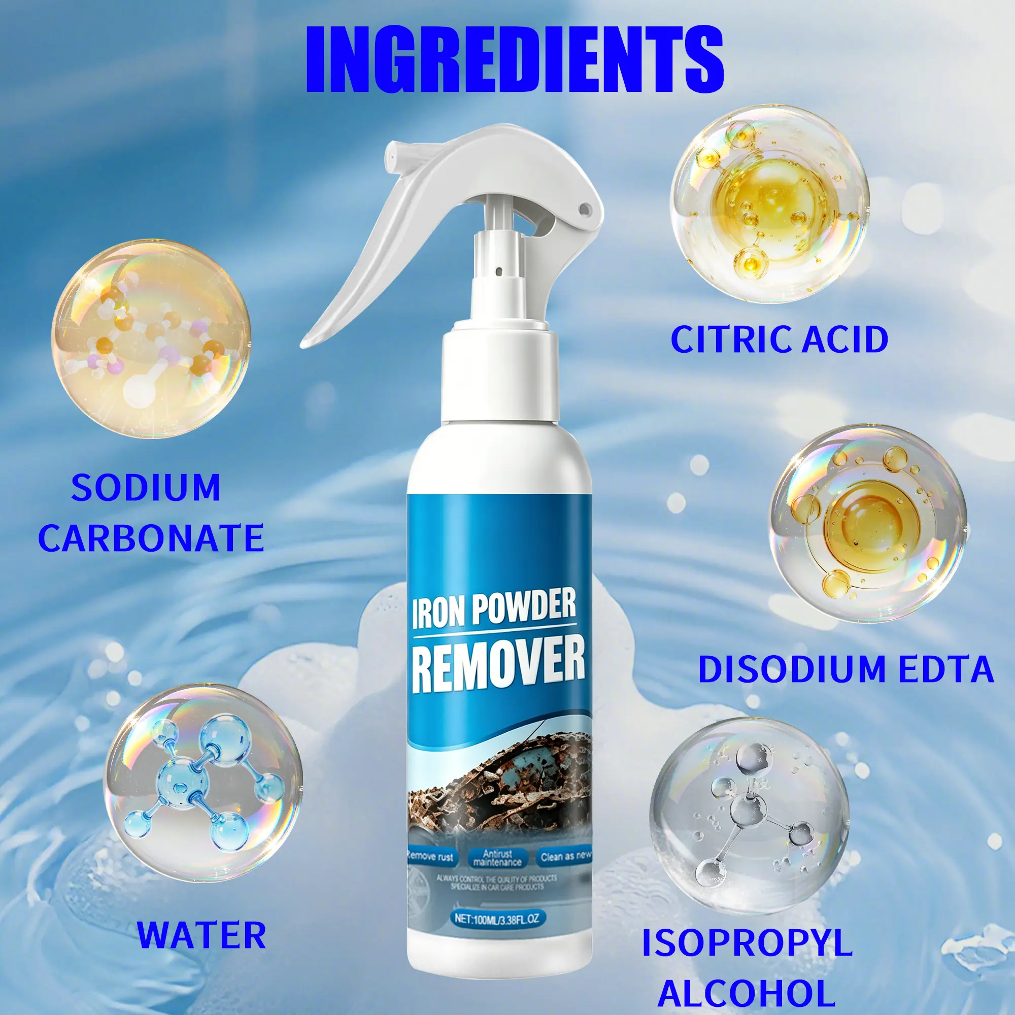 Automotive Rust Remover Spray (100ML) - Fast-Acting Iron & Rust Cleaner for Wheels, Rims, Metal Surfaces - Car Detailing Products, Detailing Products Chemicals - Safe on Most Automotive Finishes, Cars, Motorcycles