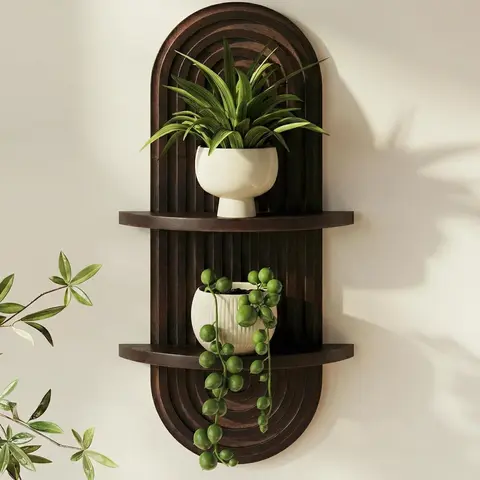 Bamworld Wooden Floating Shelf Set - 2-Tier & 1-Tier Retro Hanging Plant Shelves, 9"l x 4"d, Pre-Drilled Mount, Easy Installation, Boho Mid-Century Art Deco Aesthetic Unique Room Decor (Walnut, Natural)