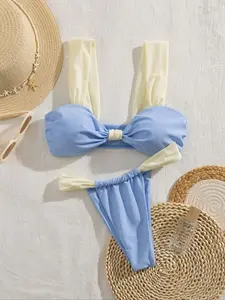 Two-Piece Set Women's Solid Color Ruched Design Bikini Set, Casual Fashion Chic Wide Shoulder Straps Swimsuit Set for Beach Holiday Vacation, Ladies Swimwear for All Seasons