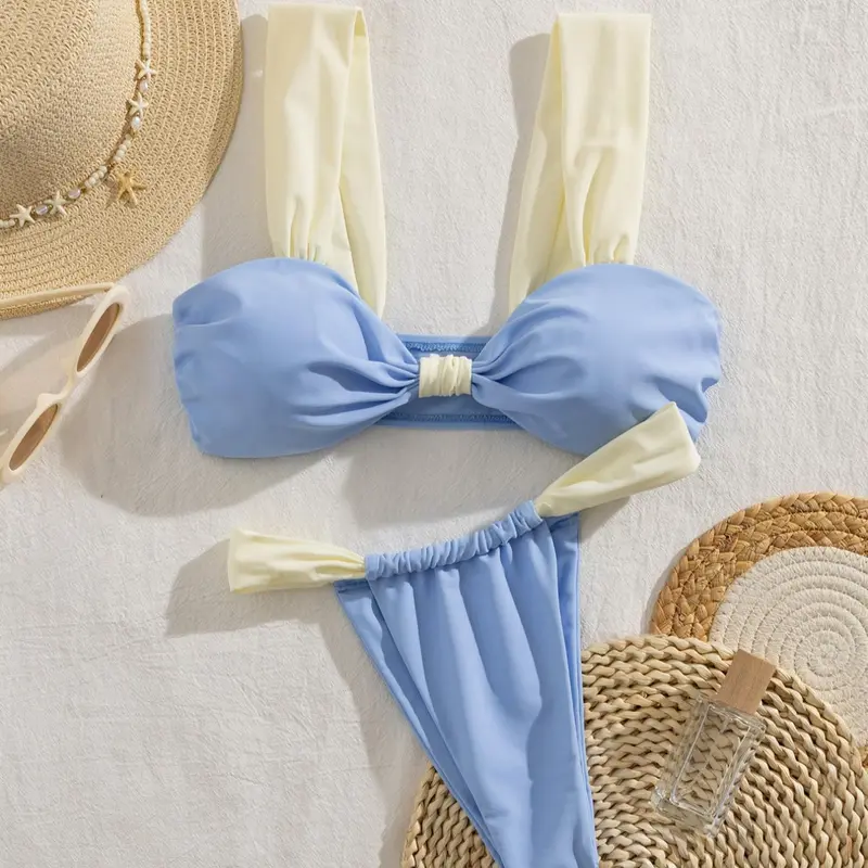 Two-Piece Set Women's Solid Color Ruched Design Bikini Set, Casual Fashion Chic Wide Shoulder Straps Beach Bathing Suit Set for Beach Holiday Vacation, Ladies Swimwear for All Seasons, Summer Bikini Beach Swimsuit Bikini Beachwear