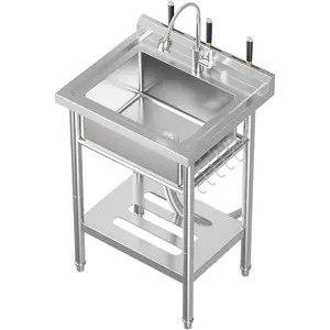 GAOMON 22.8"x18.9"x35.4" Stainless Steel Utility Sink, Freestanding Single Bowl with Pull-Out Hot & Cold Faucet, S-Hooks, Storage Shelf, Adjustable Legs for Laundry Room, Garage, Kitchen