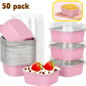 Stylish Pink Square Mini Aluminum Foil Baking Cups 50Pack 5oz Airtight With Lids 2.7x2.7 Inch Disposable Dessert Containers Ideal For Parties Picnics Daily Kitchen Use