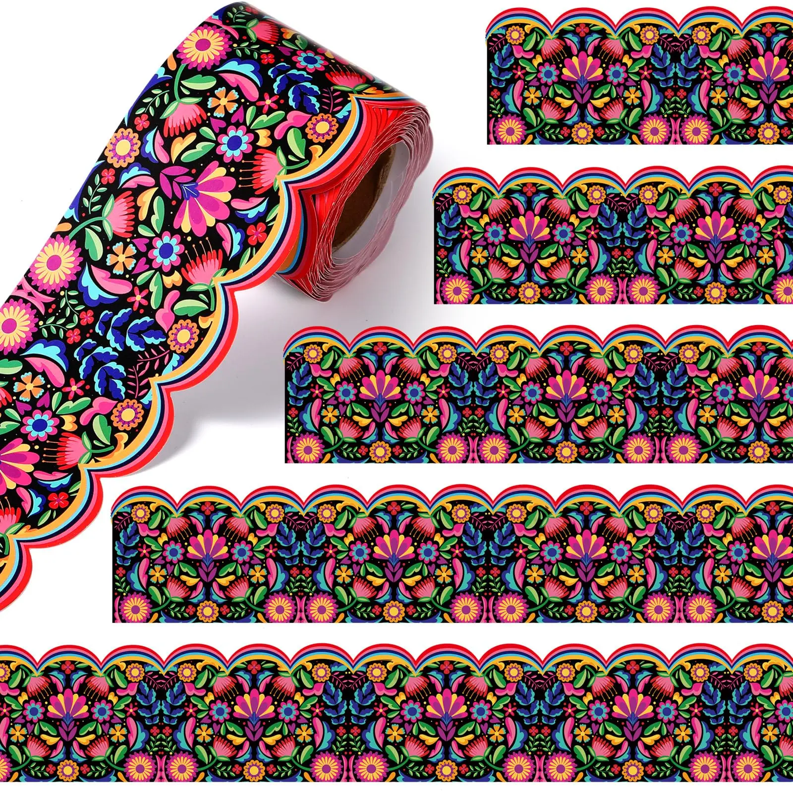 Mexican Bulletin Board Borders Back to School Cielito Lindo Spanish Classroom Decor for Teacher Preschool Kindergarten Elementary Whiteboard Folk Floral Scalloped Trim 32.8ft 1/2/4 Rolls Supplies Mexican Independence Day Hispanic Heritage Month Decor