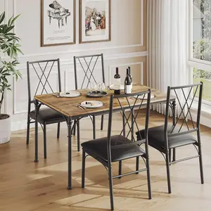 Dining Table Set for 4, Kitchen Table and Chairs for 4 with Padded Seats, 5 Piece Dining Room Table Set with Roman Columns for Small Space, Home Kitchen, Apartment-Rustic Brown
