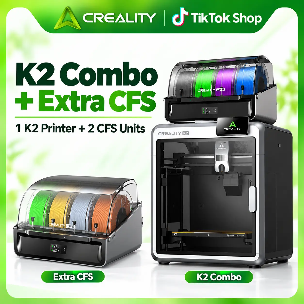 Creality K2 Combo CoreXY 3D Printer with CFS, 4-Color Multicolor Printing, Up to 600mm/s High-Speed Printing, 260×260×260mm Build Volume, Auto Leveling, Fully Enclosed FDM 3D Printer for Beginners & Makers