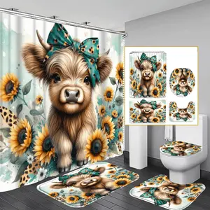 Bowknot Cow 4Pcs Shower Curtain Set for Bathroom 72x72 Inch Non-Slip Bath Mat Toilet Cover U Shaped Mat with Hooks Eco-Friendly Polyester High-Resolution Prints