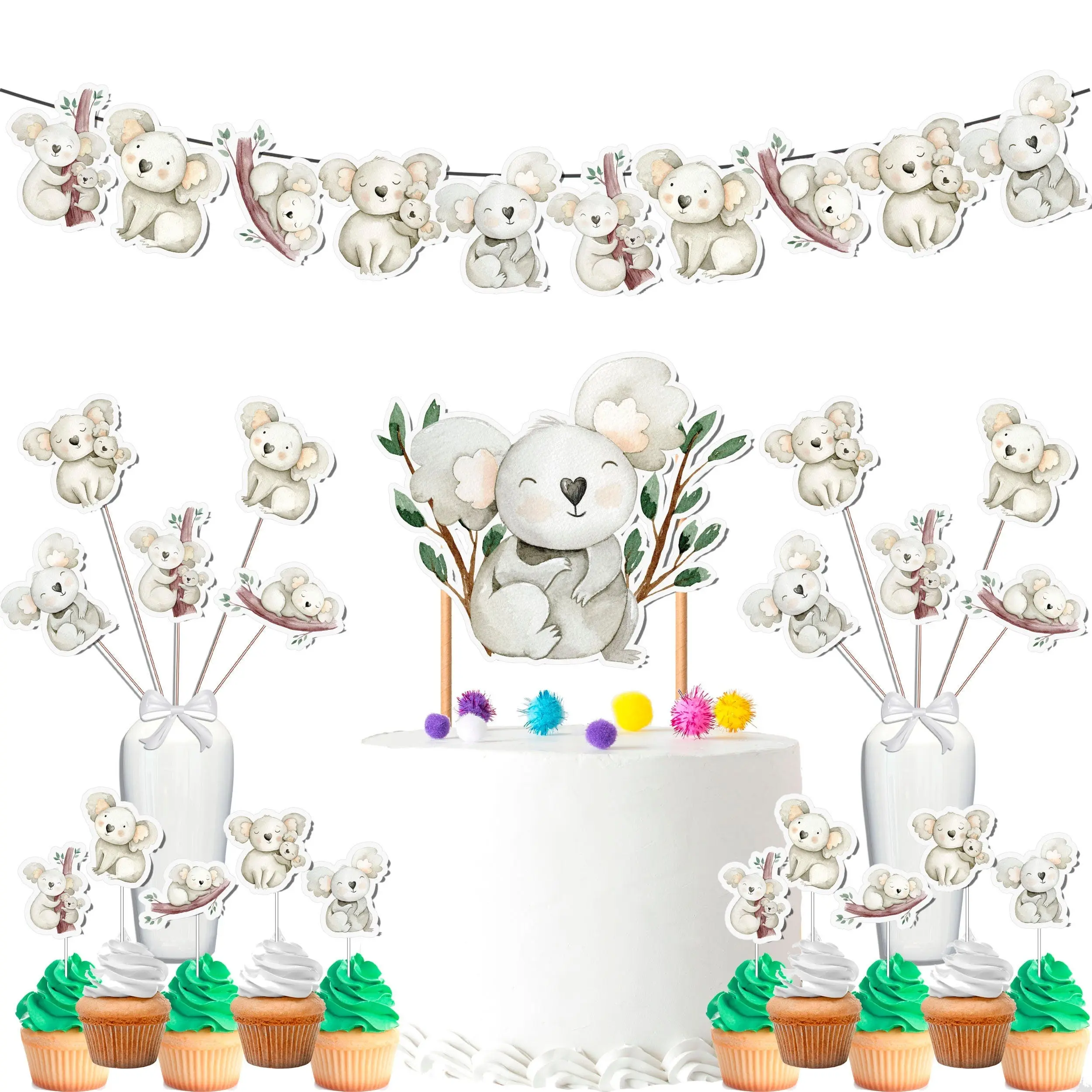Adorable Koala Party Decor Set - Sweet Cake Topper, Cupcake Toppers, Centerpieces & Banner for Baby Showers and Birthdays
