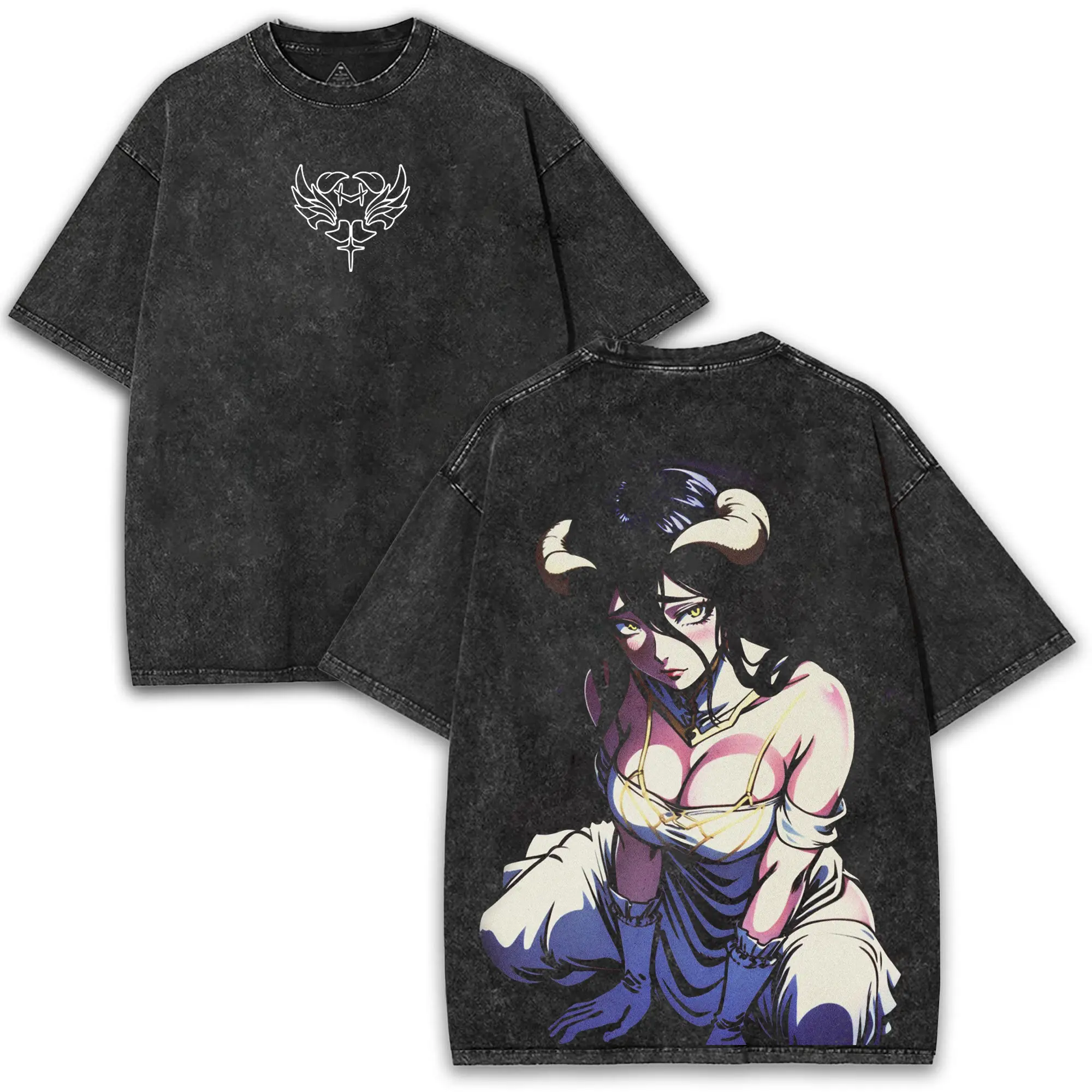 Albedo Overlord Anime Graphic Tee Vintage Washed Y2K Streetwear Premium Cotton Oversized Retro Aesthetic Unisex Casual Summer Short Sleeve T-Shirt