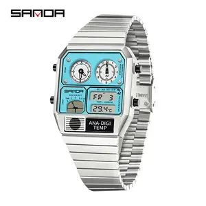 Men's Digital Watch – Square Design with Dual Display, Multi-Function Dial Featuring 24-Hour and Second Sub-Dials, Stainless Steel Strap, 30M Water Resistant.