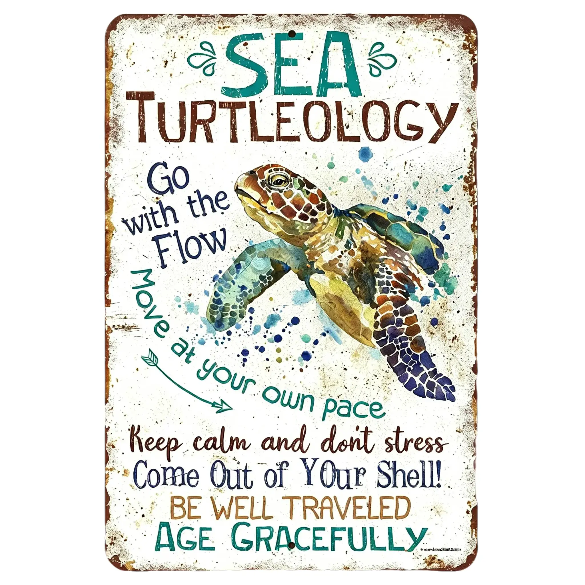 Vintage Sea Turtle Metal Sign| Go With The Flow, Move At Your Own Pace, Anti-Stress Inspirational Wall Decor "Keep Calm & Don’t Stress" Coastal Decor For Slow Living Lovers Gift For Slow Living & Beach Lovers Coastal Decor For Bathroom, Patio, RV
