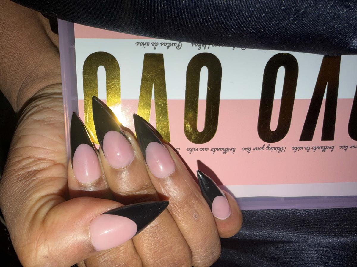 Item: Medium Black French Tip Sharp Stiletto Berry Pink