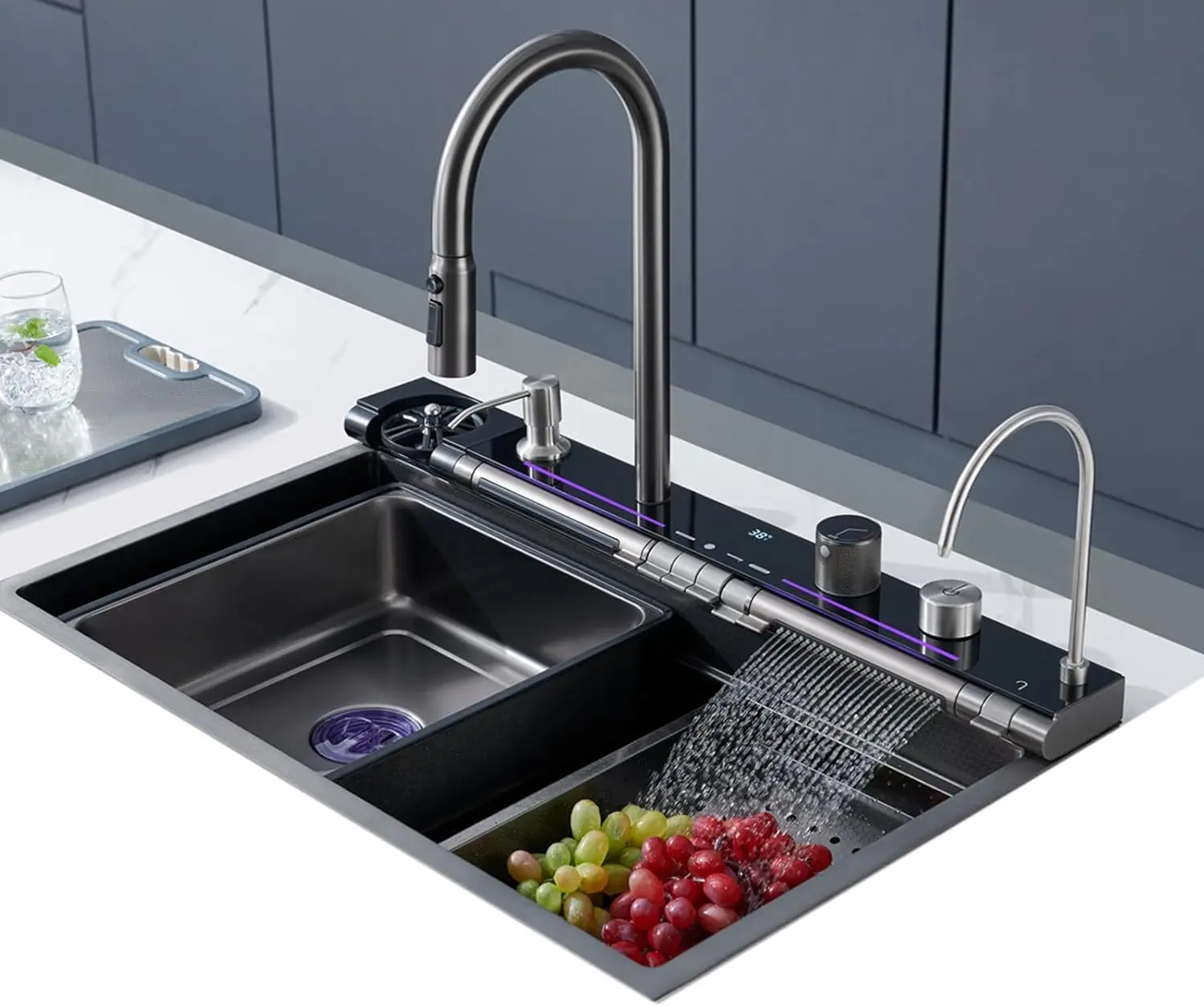 BRONSTARZ 29.5*18 Inch Kitchen Sink Digital Display Embossed Large Single Groove honeycomb Black Nano Raindance Waterfall Sink with Pressurized Cup Washer and Two Waterfalls
