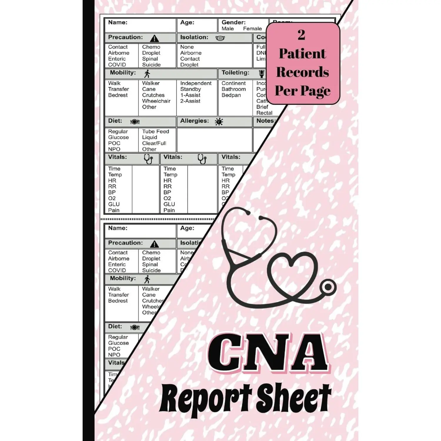 CNA Report Sheet Notebook: Compact Pink Marble Pattern: Nurse Brain Journal for Multiple Patients to Organize Shift Notes