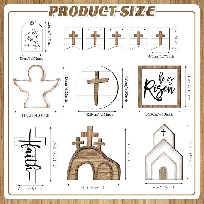 Easter Tiered Tray Decor Wooden Signs Set (No Tray), Rustic Bunny Egg Carrot Jesus Cross Risen Ornaments Cute Durable Layered Tray Signs for Mantel Shelf Table Kitchen Display, Spring Home Easter Decor Christian Family Religious Party Gifts, Date Suppiles