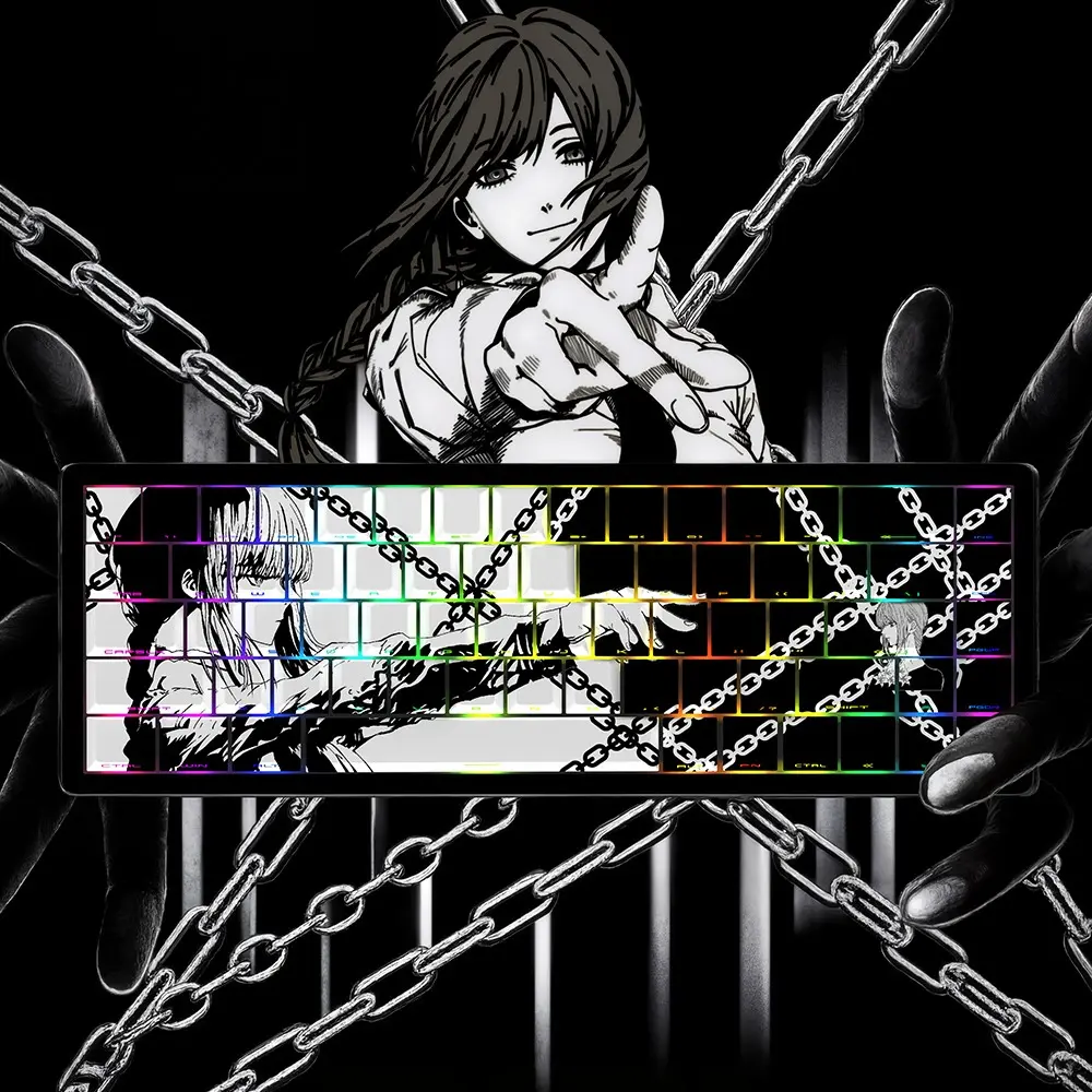Makima Lock Chain Anime PBT Keycaps, Cherry Profile, Side-Printed Shine-Through, 5-Sided Dye Sublimation, Black-White Manga Design, for Mechanical Keyboards (61/68/87/104/108 Keys), Computer Peripheral Accessory, Desk Decor