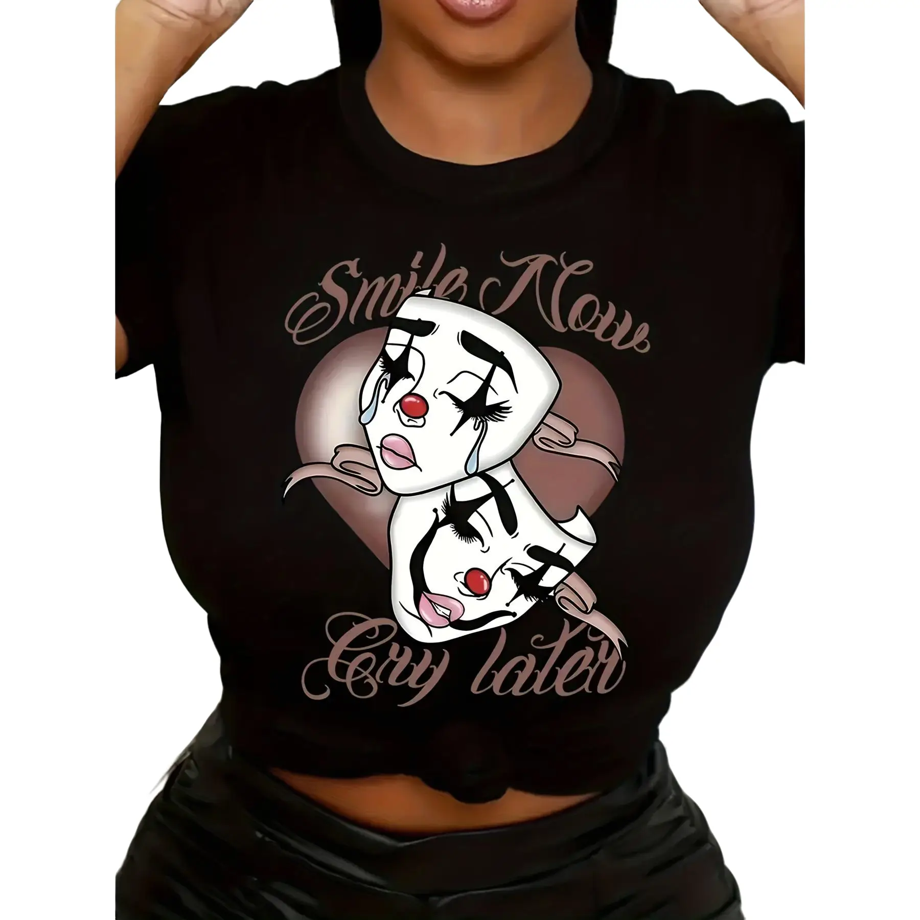 Women's Smile Now Cry Later Clown Mask Graphic T-Shirt - Soft, Breathable, Casual Summer Fashion, Round Neck Short Sleeve Tee, White with Black & Red